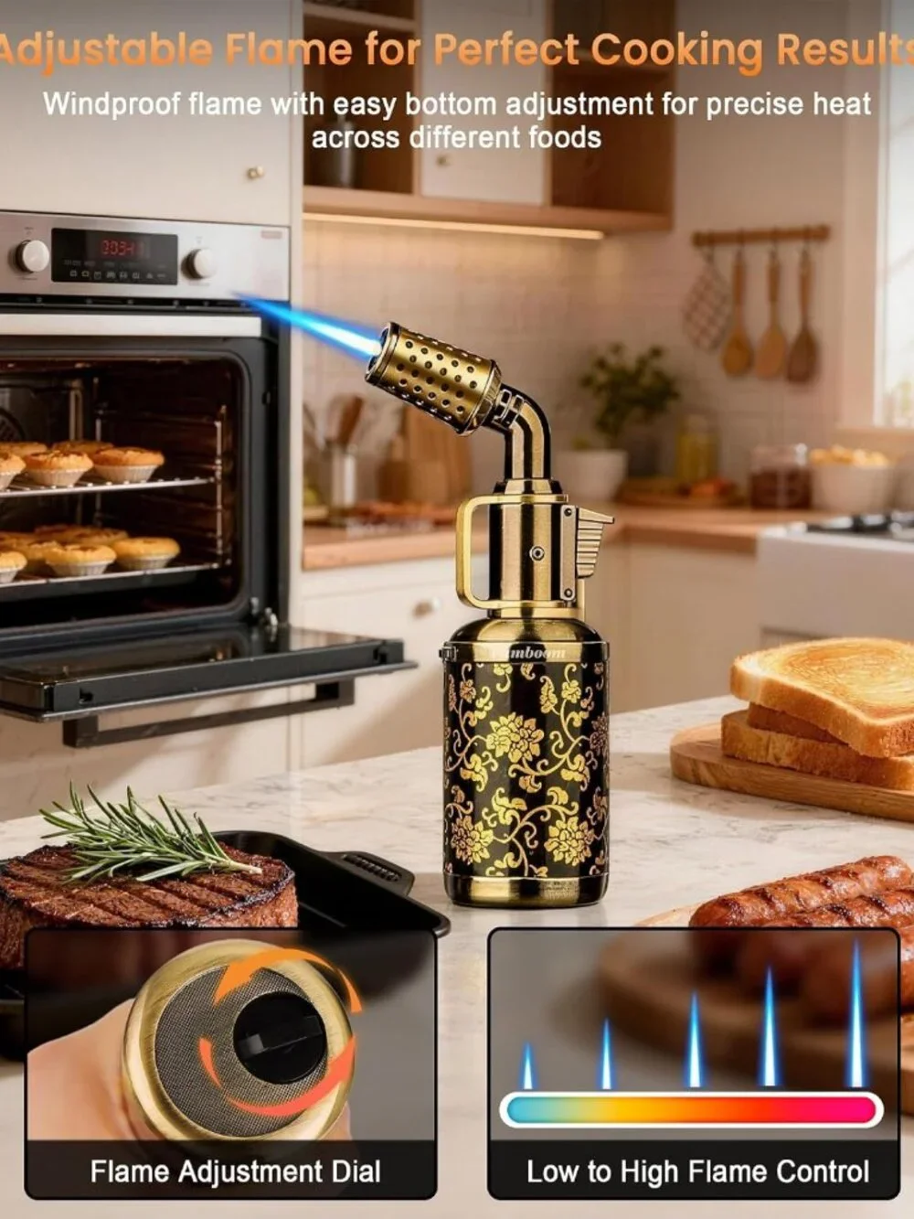 Refillable Butane Kitchen Torch - Adjustable Flame Cooking & Creme Brulee